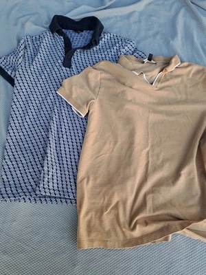 Men's EXPRESS Polo Shirts 2-Pack Blue Patterned and Beige Casual Tops S/Xs - Image 1 of 4