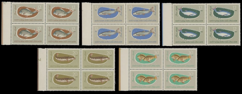 1963, VIETNAM, FISHES, 12XU-30XU, SET IN MARGIN BLOCKS OF 4, NH, SC.#263-67 - Image 1 of 1