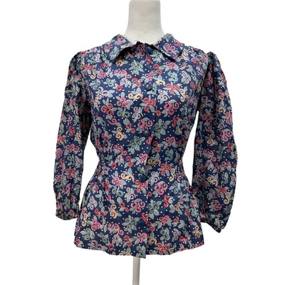 SAINT LAURENT Rive Gauche Vintage Womens Size 36 Blue Floral Button Blouse Bow - Image 1 of 4