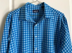 Lands' End Dress Shirt Blue White Plaid Stretch Polyester No Iron XL 17 34/35 - Picture 1 of 6