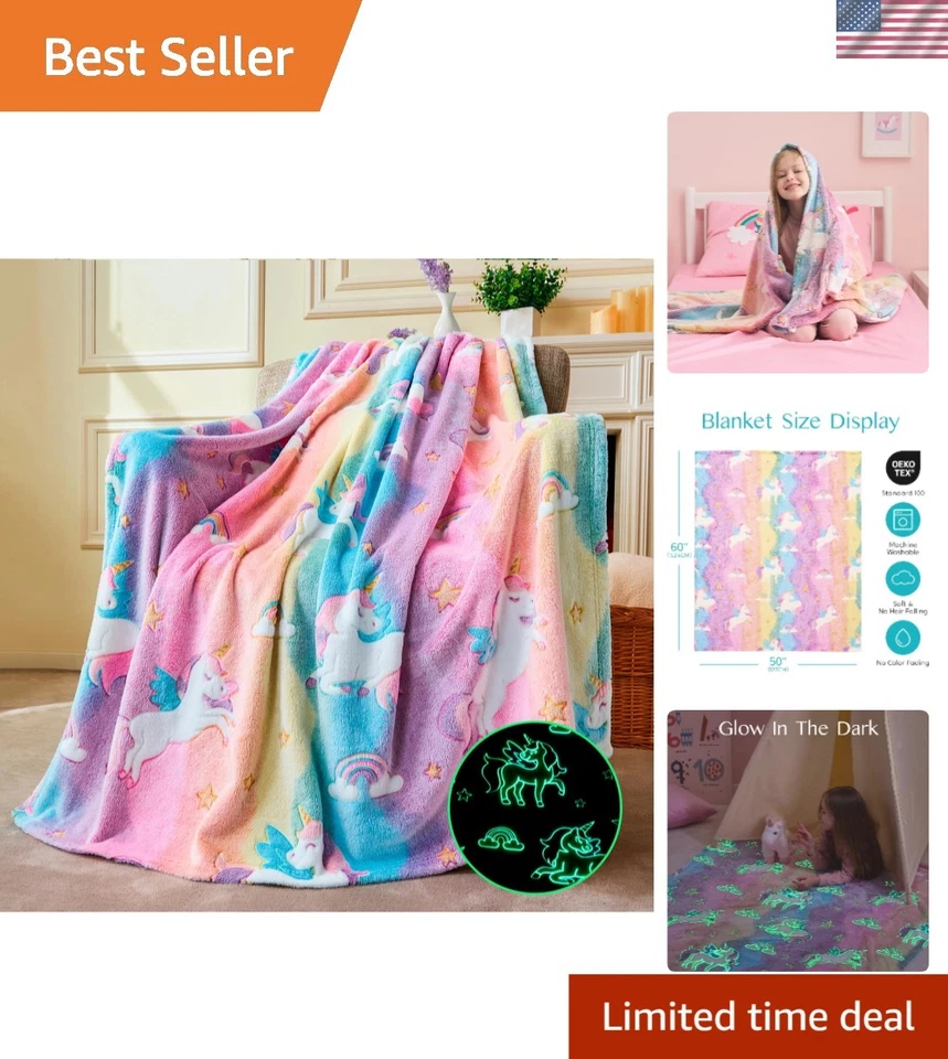 Manta unicornio brilla en la oscuridad niños tirar franela cálida decoración de dormitorio Foto 1 de 4