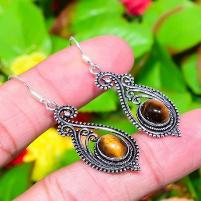 Tiger Eye Gemstone 925 Sterling Silver Gift Jewelry Earring 2.01" j038 - Image 1 of 4