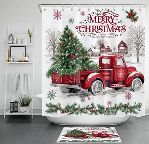 Winter Farmhouse Red Christmas Truck Shower Curtain Set for Bathroom Decor - Picture 1 of 25