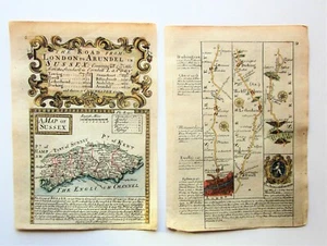 1720 Bowen County Map Sussex & Road London to Arundel Britannia Depicta 2 Pages - Picture 1 of 8