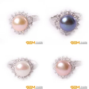 9-10mm Cultured Pearl Ring White Gold Plated With Rhinestone Fashion Jewelry - Picture 1 of 11