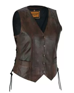 Distressed Brown Women's Leather Vest Motorcycle Biker Diamond Cuts Waistcoat - Picture 1 of 5
