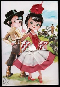 Spanish Vaquero Boy & Big Eye Girl Embroidered Elsi Gumier Postcard - Picture 1 of 2