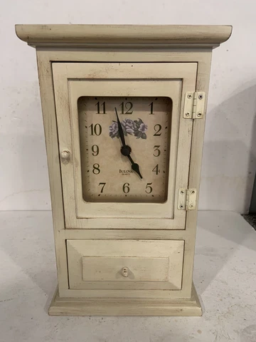 Vntg Bulova Mantle/Desk Clock With Storage Cream Wood Working See Photos Rare Cover