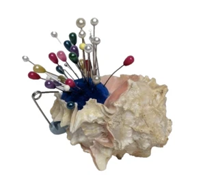 4" Sea Shell Pin Cushion With Vintage Pins Unique Beach Decor One Of A Kind - Picture 1 of 5