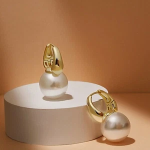 18k yellow gold gp 14mm pearl huggies dangle drop classic designer earrings - Picture 1 of 10