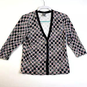 Ann Taylor Cardigan Sweater Women's Large Black Red 3/4 Sleeves Lightweight Work - Picture 1 of 7