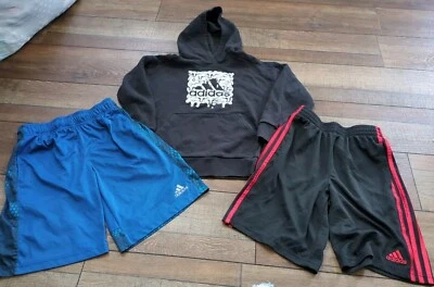 Adidas Hoodie Sweatshirt Boy's Black Long Sleeve Silver Drip Logo + 2 Shorts - Image 1 of 4