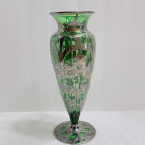Antike Alvin Vase Jugendstil amerikanisch grün Glas Silberüberfang 10" LESEN - Bild 1 von 21
