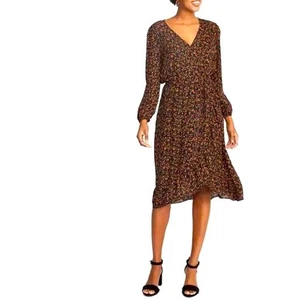 Old Navy Faux Wickel Blumen Kleid Damen XL Midi schwarz langarm V-Ausschnitt fließend - Bild 1 von 8