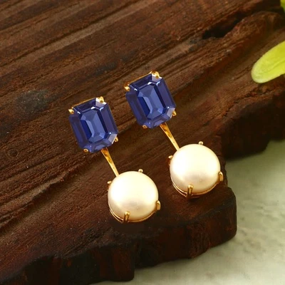 Orecchini A Perno In Zaffiro Blu E Perla: Argento 925 Placcato Oro, Fatto A Mano - Immagine 1 di 4