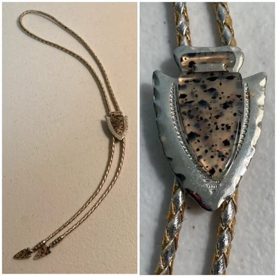 Montana Agate Arrowhead Leather Bolo Tie 2-Tone Cord with Silver Tone Tips - Image 1 of 4