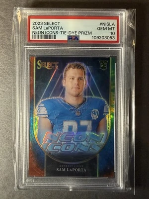 2023 Panini Select Neon Iconos Tie Dye Prizm #Nisla Sam Laporta Rookie/25 PSA 10 Foto 1 de 2