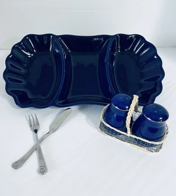 Ceramic Cobalt Blue Divided Snack Dish Tray~Salt&Pepper Shakers~Spreader&Fork - Image 1 of 4