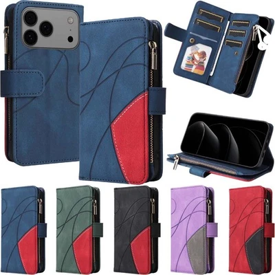 Zip Splice Leather Wallet Phone Case For iPhone 17 16 15 14 13 12 11 Pro Max XR - Image 1 of 4