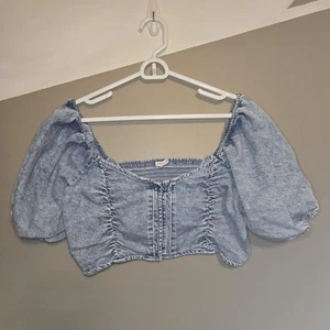 American Eagle Women's Blue Denim Style Crop Top Puff Sleeve Ruched Size XL - Picture 1 of 12