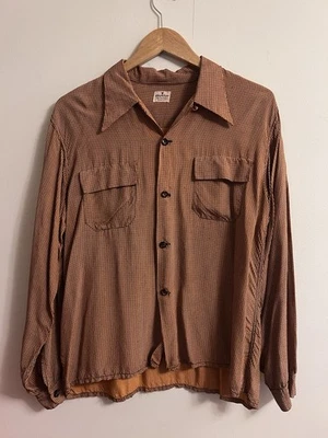 Camisa de gabardina deportiva vintage años 40 50 cuello lazo LS M/L pata de gallo Foto 1 de 4