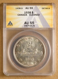Dólar de plata Canadá 1938 ANACS AU 55 detalles - Imagen 1 de 2