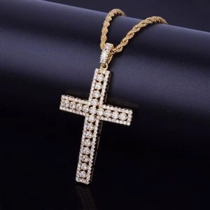 Mens 18k Gold 925 Plated Ultra Ice Silver Hip Hop AAA Micro Pave Cross Pendant - Picture 1 of 8