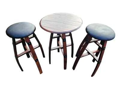 Handcrafted Whiskey Barrel Leather Upholstered Stools X2 & Coffee Table Set | - Image 1 of 3