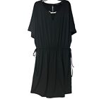 H By Halston Black Jersey Dress V-Neck Stretch Batwing Sleeves Drawstring LBD M