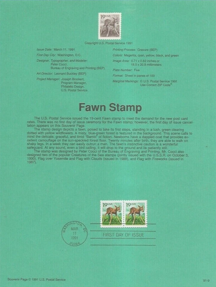 Página de recuerdo FAWN BABY DEER #2479 1991 USPS FD Foto 1 de 1
