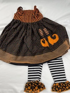 Girls Sleeveless dress Orange Black witch's feet with leggings sz 2, sm flaw - Picture 1 of 10