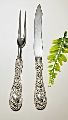 Sterling Silver Repoussé Carving Set W/Cartouche W/Monogram - Image 1 of 4