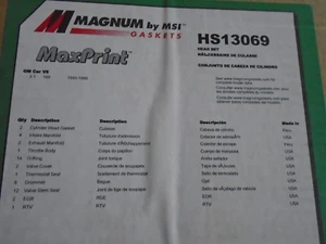 Magnum Gaskets HS13069 Head Gasket Set  93-96 gm 3.1 189 v-6 - Picture 1 of 1