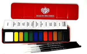 Set of 12 Block Colour Watercolour Paints in Tin and 4 Mixed Size Paintbrushes - Picture 1 of 5