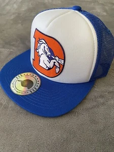 DENVER BRONCOS THROWBACK VINTAGE Helmet Logo Blue & White Trucker Hat Cap NEW - Picture 1 of 3