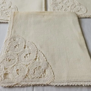 Linen Napkins, Set 6 Dinner Napkins With Lace, 12” Square Off White Vintage - Picture 1 of 14