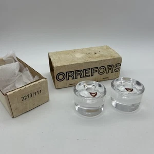 Orrefors Crystal Pair Puck Candle Holder Signed Round In Box - Picture 1 of 17