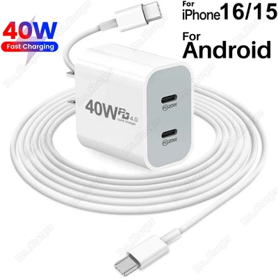 Para iPhone 16 15 iPad Pro Android USB C 40W PD Cargador Rápido Adaptador Tipo C Cable Foto 1 de 4