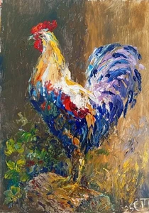 Painting "Rooster 23". Oil on cardboard. 5x7 inc. Handmade. 2025. Unframed. - Picture 1 of 1