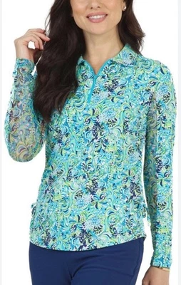IBKUL XXL Marissa Multicolor Blue 1/4 Zip Mesh Sleeve Golf High Neck UPF 50+ - Image 1 of 4