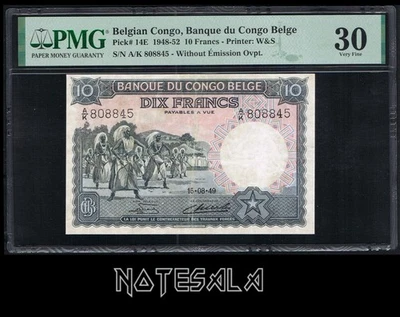 BELGIAN CONGO 10 FRANCS 1948-52 Pick-14E PMG 30 VF S/N A/K 808845 - Image 1 of 2