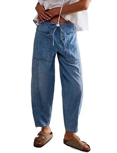 Mid Rise Barrel Jeans for Women Wide Leg Mid Waist Cropped Denim Pants Y2k Ba... - Picture 1 of 5