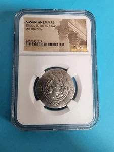 Sasanian Empire Khusru II AD 591-628 AR Drachm NGC - Bild 1 von 2