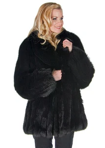 Womens Genuine Real Fox Fur Jacket Coat XL Black 29 - Shawl Collar - Picture 1 of 4