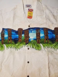 Pacific Legend (Neu mit Etikett) Large Tiki Palme Paisley cremeweißes Hawaiihemd für Herren - Bild 1 von 6