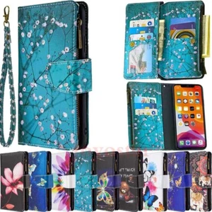 For iPhone 14 13 12 11 XS XR SE 6 7 8 Zipper Patterned Wallet Leather Case Cover - Picture 1 of 39