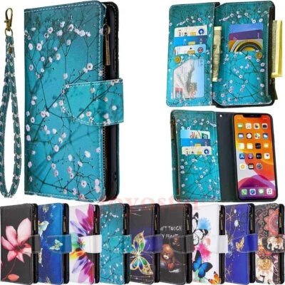 For iPhone 14 13 12 11 XS XR SE 6 7 8 Zipper Patterned Wallet Leather Case Cover - Image 1 of 4