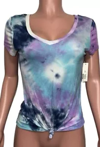 Tie Dyed Navy Hippie T-shirt Knotted Top Soft M Nwts Poly Blend S/S Casual Vacay - Picture 1 of 2