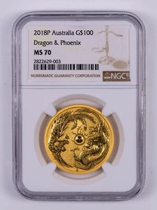 2018 Australia 1oz Gold Australia Dragon & Phoenix NGC MS70 FRT003 - Picture 1 of 2