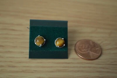 Pendientes solitario ojo de tigre natural de 2,00 quilates plata fina ~ 6 mm Foto 1 de 4